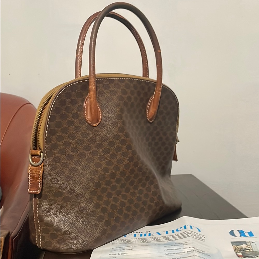 CELINE Macadam Pattern Handbag Brown Leather Vintage Tote Purse